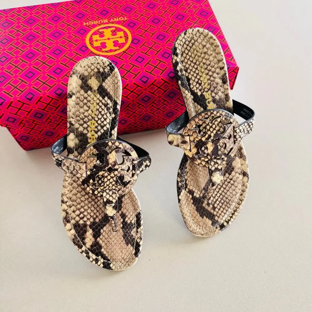 TORY BURCH Beige Black Roccia Snakeskin Leather Miller $258 Slides Sandals 7.5